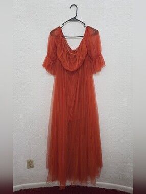 Maternity Ever Pretty Rust Orange Maxi Tulle Dress with Ruffled Sleeves 2XL